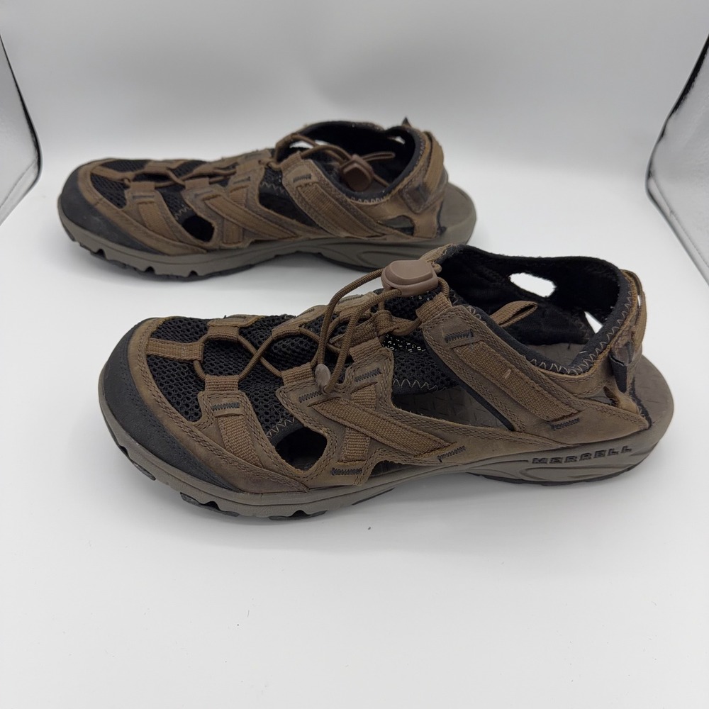 Merrell Hiking Sandals Mens Bungee Lacing Mesh Vibram Trail Shoes Brown Leather